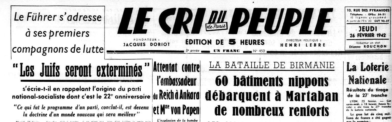 Le Cri du Peuple du 26 février 1942 titre sur l’extermination des Juifs proclamée par Hitler
